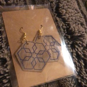 Homemade wooden earrings in navy-snowflake design